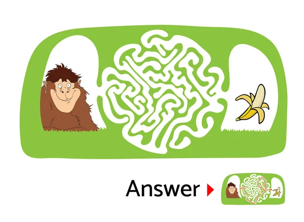 Maze puzzle for kids with monkey and banana. Labyrinth illustration, solution included. — Stock Vector