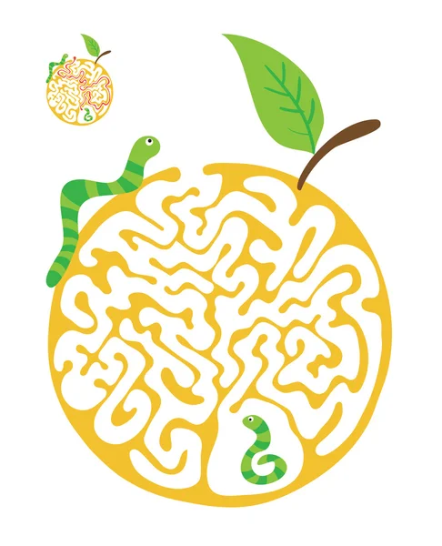 Doolhof puzzel voor kinderen met rupsen en apple. Labyrint illustratie, oplossing opgenomen. — Stockvector