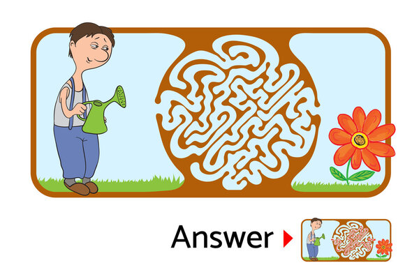 Лабиринт головоломка для детей с садовником и цветок. Иллюстрация лабиринта, включая решение
.