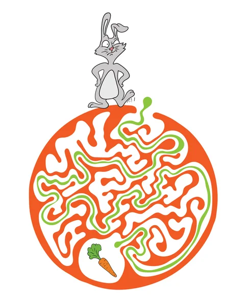 Quebra-cabeça de labirinto para crianças com coelho e cenoura. Ilustração do labirinto, solução incluída . — Vetor de Stock