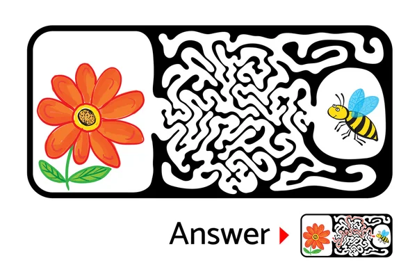Лабиринт головоломки для детей с пчелой и цветами. Иллюстрация лабиринта, включая решение . — стоковый вектор