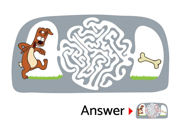 Labyrinth Puzzle für Kinder mit Hund und Knochen. Labyrinthillustration, Lösung inklusive. — Stockvektor