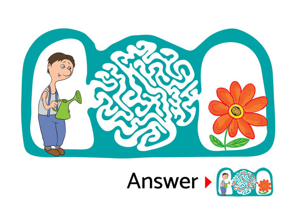 Лабиринт головоломка для детей с садовником и цветок. Иллюстрация лабиринта, включая решение
.