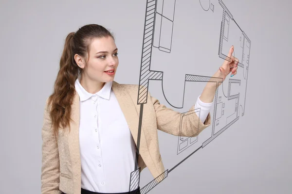 Női építész dolgozik egy virtuális lakás-terv — Stock Fotó