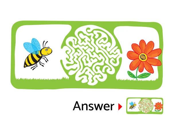 Doolhof puzzel voor kinderen met bee en bloem. Labyrint illustratie, oplossing opgenomen. — Stockvector