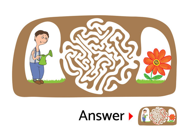 Лабиринт головоломка для детей с садовником и цветок. Иллюстрация лабиринта, включая решение
.