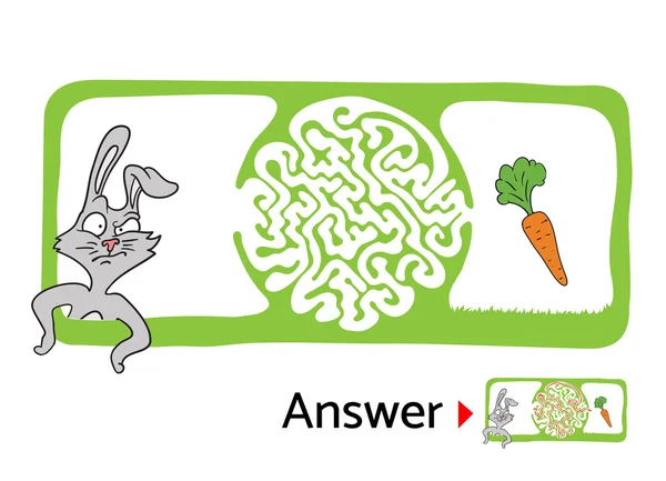 Labirynt puzzle dla dzieci z królik i marchewki. Labirynt ilustracja, rozwiązanie zawarte. — Wektor stockowy