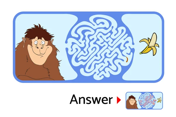 Labyrinth-Puzzle für Kinder mit Affen und Bananen. Labyrinthillustration, Lösung inklusive. — Stockvektor