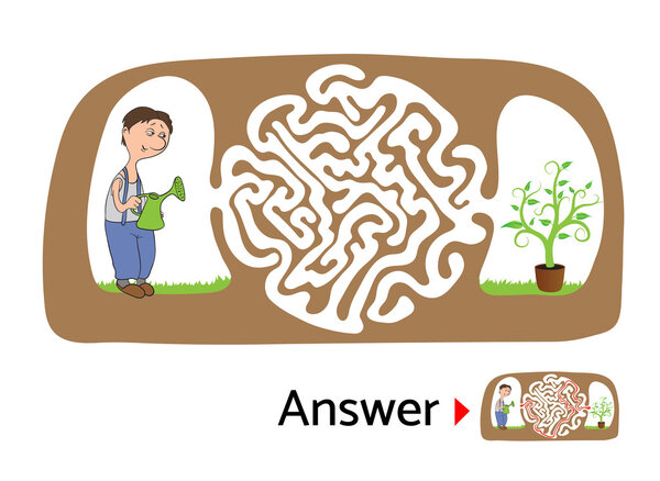 Лабиринт головоломка для детей с садовником и цветок. Иллюстрация лабиринта, включая решение
.