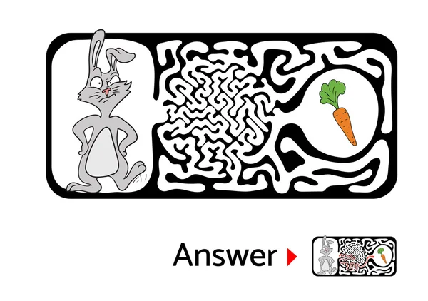 Лабиринт головоломка для детей с кроликом и морковью. Иллюстрация лабиринта, включая решение . — стоковый вектор