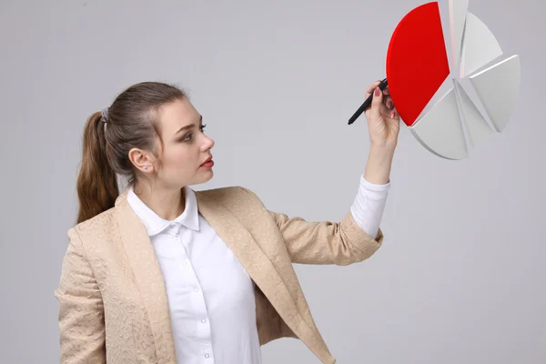 Frau zeigt ein Kuchendiagramm, Kreisdiagramm. Business Analytics Konzept. — Stockfoto