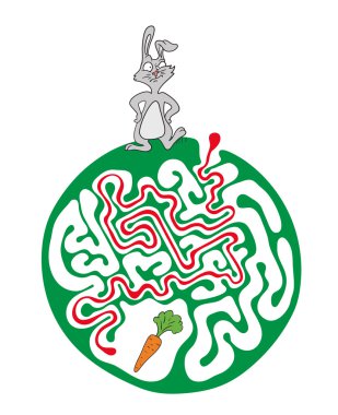 Labirent puzzle için çocuklar tavşan ve havuç ile. Labirent illüstrasyon, dahil çözüm.