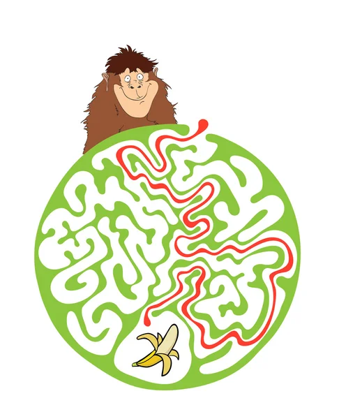 Лабиринт головоломка для детей с обезьяной и бананом. Иллюстрация лабиринта, включая решение . — стоковый вектор