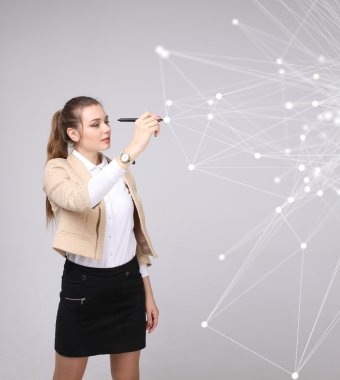 Dünya çapında ağ veya kablosuz Internet bağlantısı fütüristik konsept. Bağlantılı noktalar ile çalışan kadın.