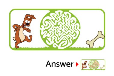 Labirent puzzle köpek ve kemik ile çocuklar için. Labirent illüstrasyon, dahil çözüm.