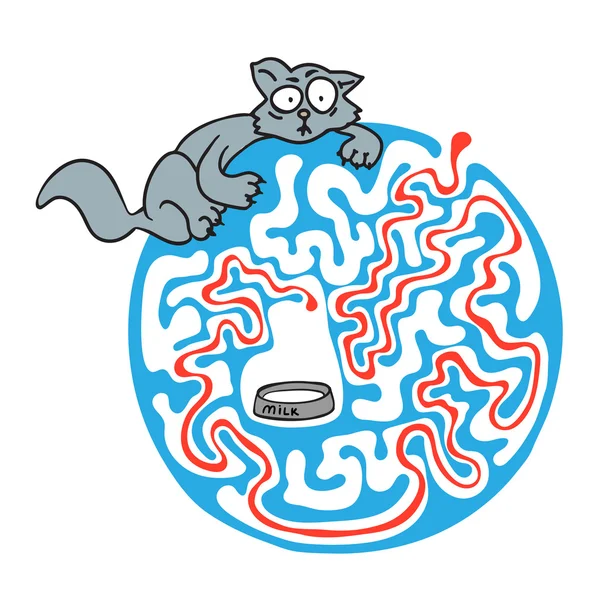 Puzzle labyrinthe pour enfants avec chat et lait. Illustration de labyrinthe, solution incluse . — Image vectorielle