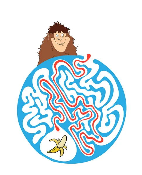 Maze puzzle for kids with monkey and banana. Labyrinth illustration, solution included. — Stock Vector