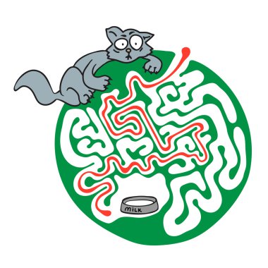 Labirent puzzle için çocuklar kedi ve süt ile. Labirent illüstrasyon, dahil çözüm.