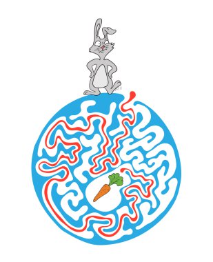 Labirent puzzle için çocuklar tavşan ve havuç ile. Labirent illüstrasyon, dahil çözüm.