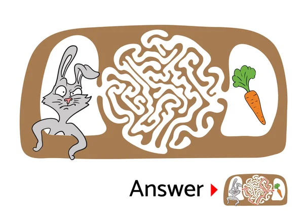 孩子们与兔子和胡萝卜的迷宫游戏。解决方案包括迷宫图. — 图库矢量图片