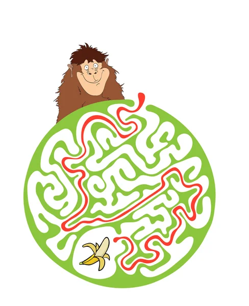 Labirinto puzzle per bambini con scimmia e banana. Illustrazione del labirinto, soluzione inclusa . — Vettoriale Stock