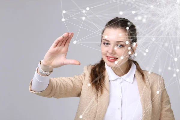 Worldwide network or wireless internet connection futuristic concept. Woman working with linked dots. — Stock Photo, Image