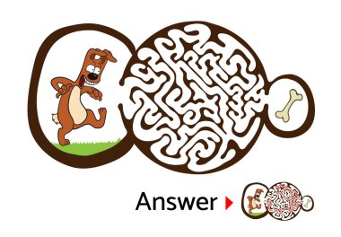 Labirent puzzle köpek ve kemik ile çocuklar için. Labirent illüstrasyon, dahil çözüm.
