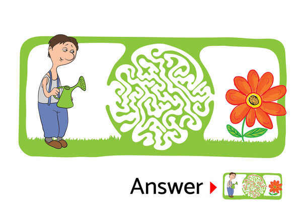 Лабиринт головоломка для детей с садовником и цветок. Иллюстрация лабиринта, включая решение
.