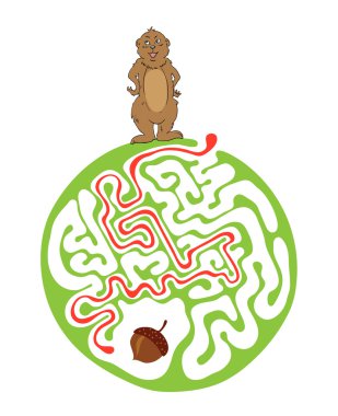 Labirent puzzle için çocuklar bir sıçan ve somun ile. Labirent illüstrasyon, dahil çözüm.