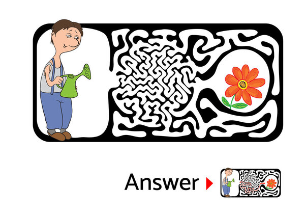 Лабиринт головоломка для детей с садовником и цветок. Иллюстрация лабиринта, включая решение
.