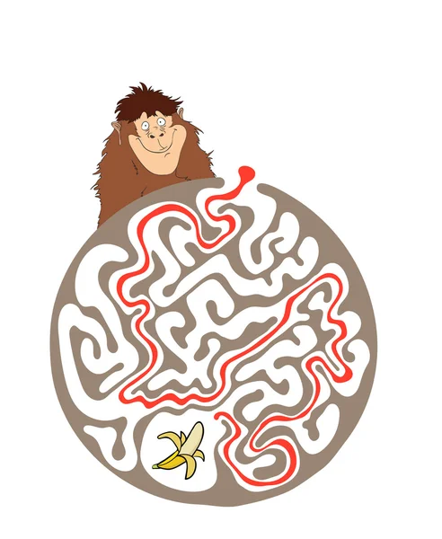 Maze puzzle for kids with monkey and banana. Labyrinth illustration, solution included. — Stock Vector