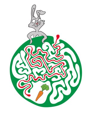 Labirent puzzle için çocuklar tavşan ve havuç ile. Labirent illüstrasyon, dahil çözüm.