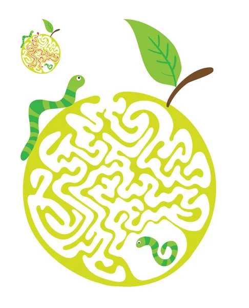 Labirynt puzzle dla dzieci z gąsienic i apple. Labirynt ilustracja, rozwiązanie zawarte. — Wektor stockowy