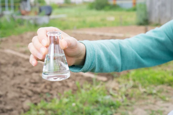 Mano con un tubo de ensayo y una planta. Fertilizante en cristalería de laboratorio . —  Fotos de Stock