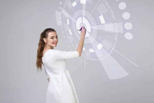 Technologie der Zukunft. Frau arbeitet mit futuristischem Interface — Stockfoto