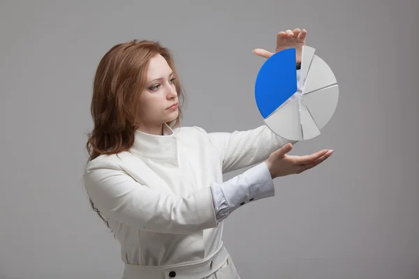 Mulher mostra um gráfico de pizza, diagrama circular. Conceito de análise de negócios . — Fotografia de Stock