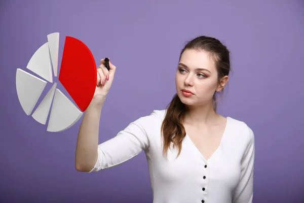 Frau zeigt ein Kuchendiagramm, Kreisdiagramm. Business Analytics Konzept. — Stockfoto