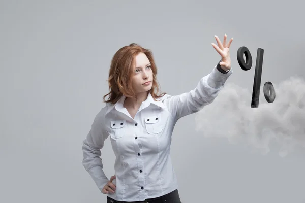 Woman showing symbol of percent. Bank Deposit or Sale concept. — Stock Photo, Image