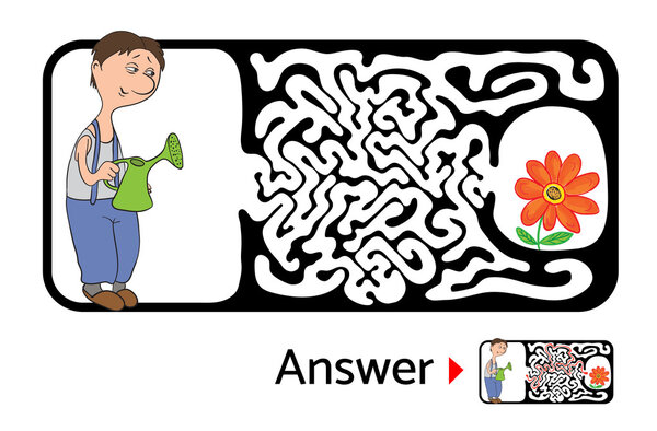 Лабиринт головоломка для детей с садовником и цветок. Иллюстрация лабиринта, включая решение
.