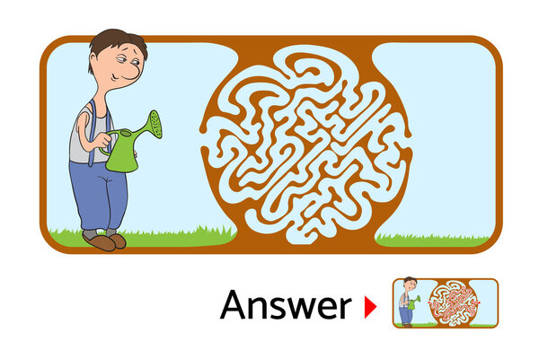 Лабиринт головоломка для детей с садовником и цветок. Иллюстрация лабиринта, включая решение
.