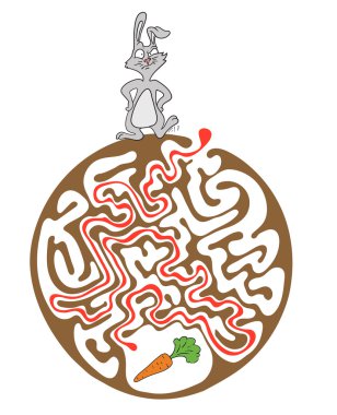 Labirent puzzle için çocuklar tavşan ve havuç ile. Labirent illüstrasyon, dahil çözüm.
