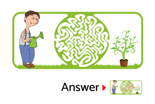 Лабиринт головоломка для детей с садовником и цветок. Иллюстрация лабиринта, включая решение
.