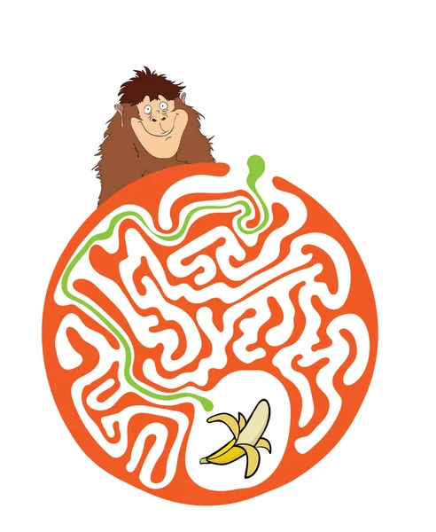 Лабиринт головоломка для детей с обезьяной и бананом. Иллюстрация лабиринта, включая решение . — стоковый вектор