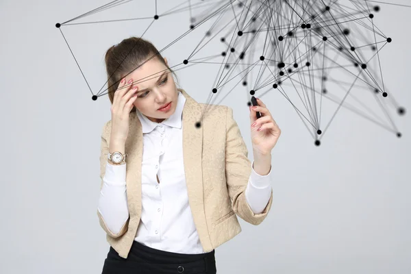 Na całym świecie sieci lub bezprzewodowy internet połączenie futurystycznej koncepcji. Kobieta pracuje z połączonych punktów. — Zdjęcie stockowe