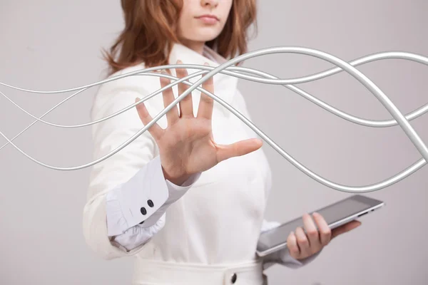 Mujer con cables eléctricos o cables, líneas curvas — Foto de Stock