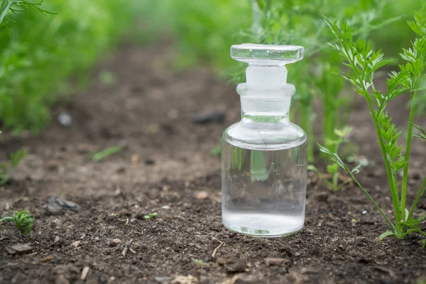 Líquido en artículos químicos sobre un fondo de plantas, fertilizantes o pesticidas en el jardín . — Foto de Stock