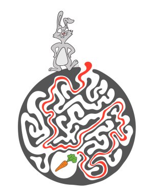 Labirent puzzle için çocuklar tavşan ve havuç ile. Labirent illüstrasyon, dahil çözüm.
