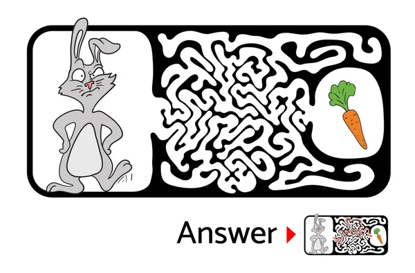 Лабиринт головоломка для детей с кроликом и морковью. Иллюстрация лабиринта, включая решение . — стоковый вектор