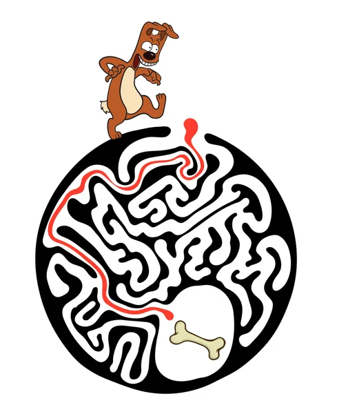 Labirynt puzzle dla dzieci z psem i kości. Labirynt ilustracja, rozwiązanie zawarte. — Wektor stockowy