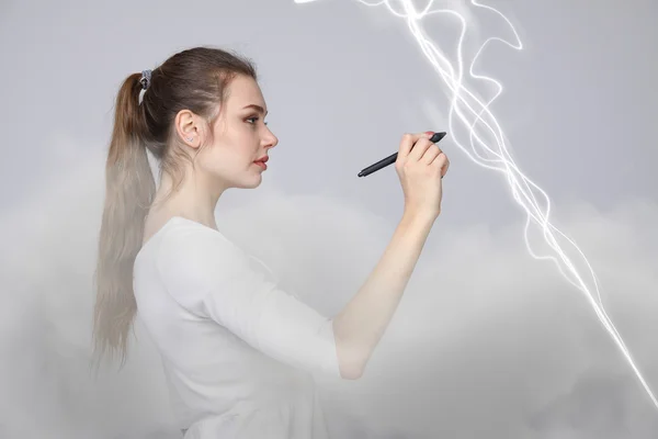Woman making magic effect - flash lightning. The concept of electricity, high energy. — Stock Photo, Image